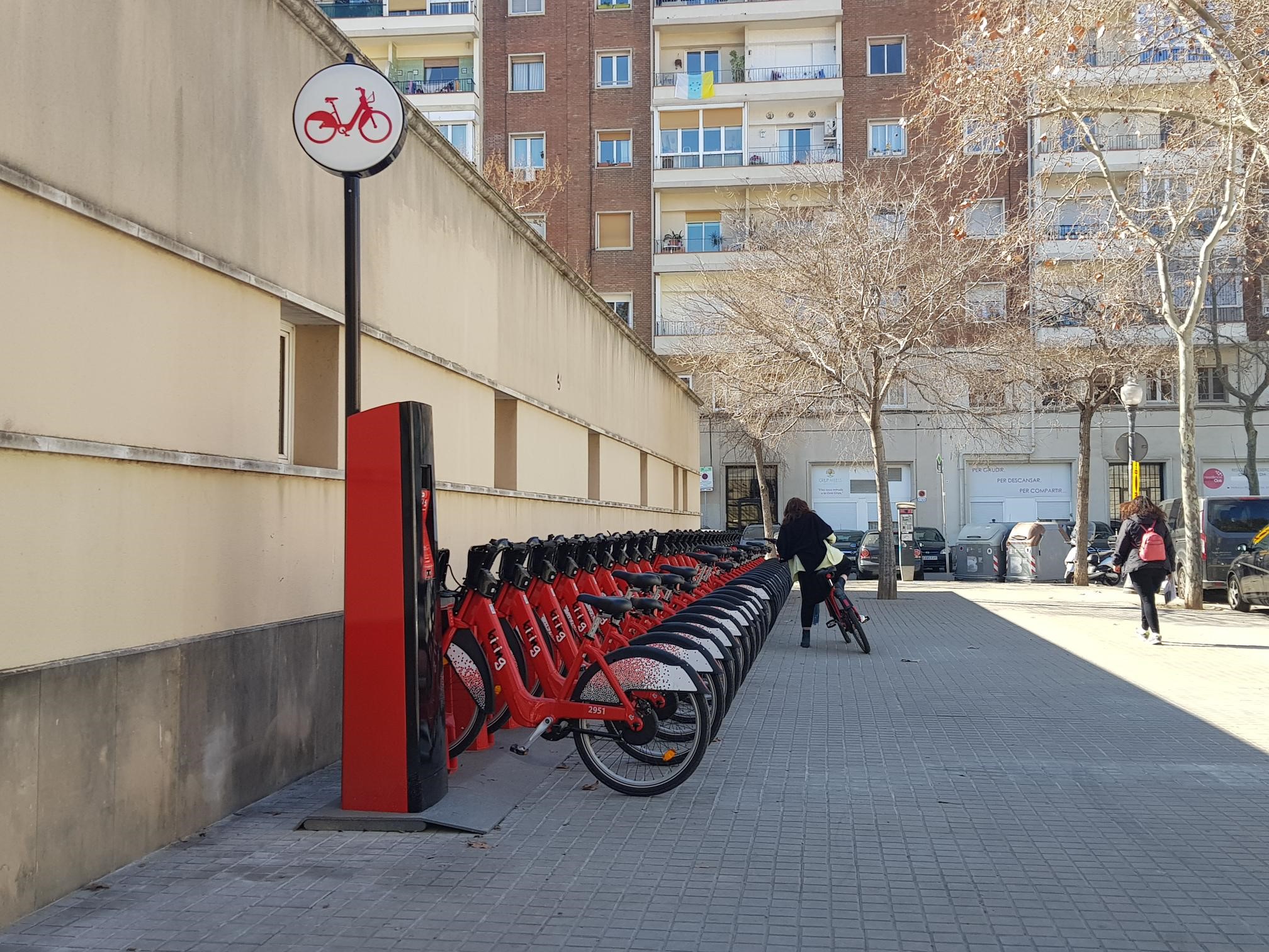 Fotografia de diverses bicicletes del Bicing aparcades en paral·lel en una estació.