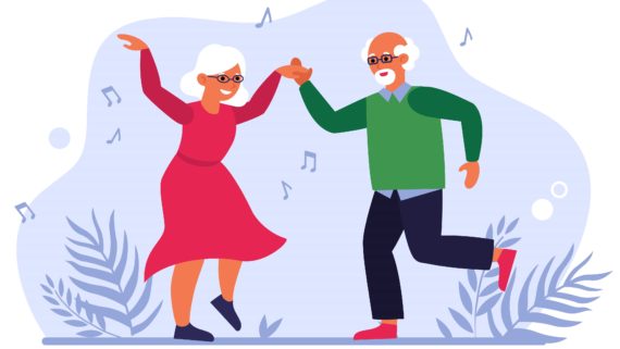 Funny elderly couple dancing flat vector illustration. Cartoon old people having fun together. Lifestyle, party and activity concept