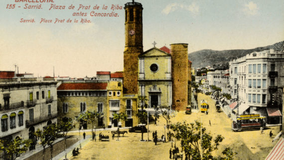 Plaça de Sarrià i església de Sant Vicenç, a la cruïlla del carrer Major amb el passeig de la Reina Elisenda de Montcada.