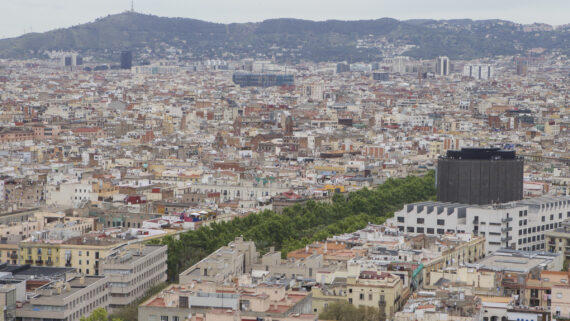 Vista aèria d'una part de Ciutat Vella, amb l'arbrat de la rambla del Raval al centre de la imatge