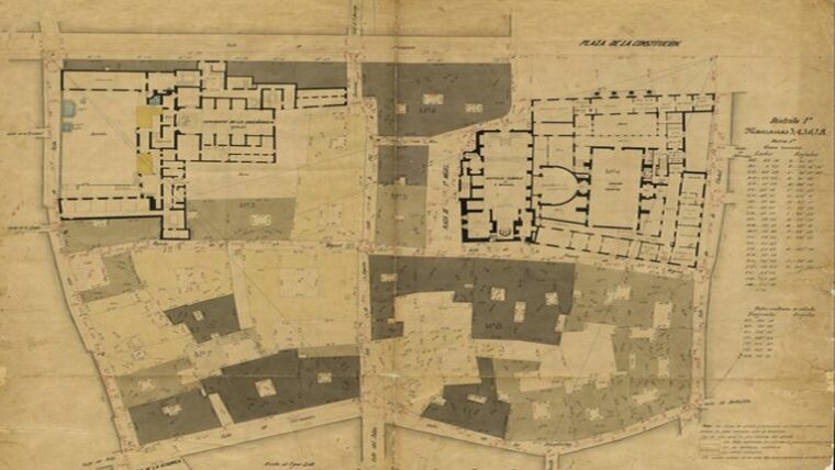 AHCB3-5D33-11458 (8): Quarteró nº 8 del conjunt produït per l’arquitecte Miquel Garriga i Roca entre el 1859 i 1862. El plànol reprodueix la trama dels carrers: Ferran, Plaça de la Constitució, Ciutat, Templaris, Cervantes, Veronica i Avinyó. S’hi pot observar la planta de l’Ajuntament i l’antic convent de l’Ensenyança.