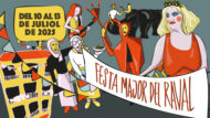 Baner del cartell guanyador del concurs del cartell de la Festa Major del Raval 2025. Apareixen diversos elements com persones d'origen cultural divers, de cultura popular i la Mònica del Raval.