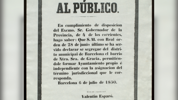 Cartell anunciant la segregació de Gràcia del terme de Barcelona per reial ordre de 28/06/1850
