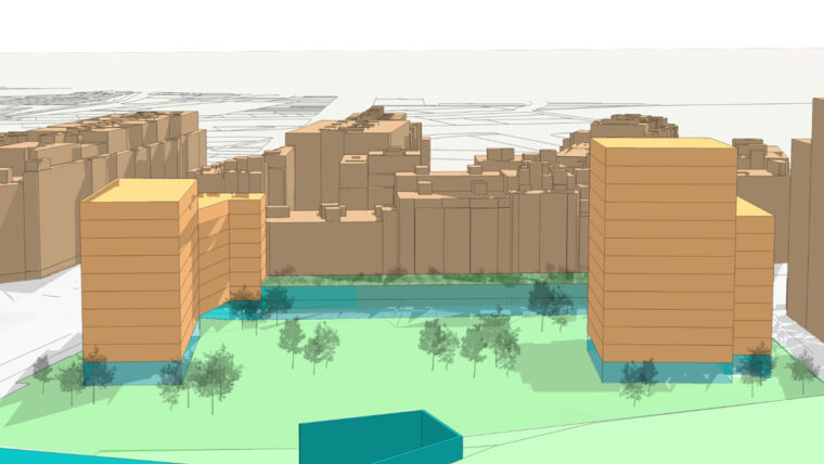 Render d'habitatges i equipaments de l'Illa Citröen.