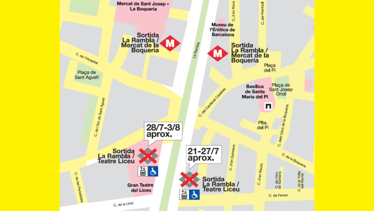 Mapa afectació obres als accessos de l'estació de Liceu del Metro.