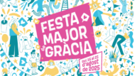 El cartell està fet a partir d'un fons en blanc amb dibuixos grocs i blaus de persones, música, animals, i altres objectes relacionats amb la celebració. Enmig, hi ha un quadrat rosa amb el text: "Festa Major de Gràcia", i just a sota a la dreta, un altre quadrat blanc amb la línia exterior rosa amb el text: "Del 15 al 21 d'agost de 2025".