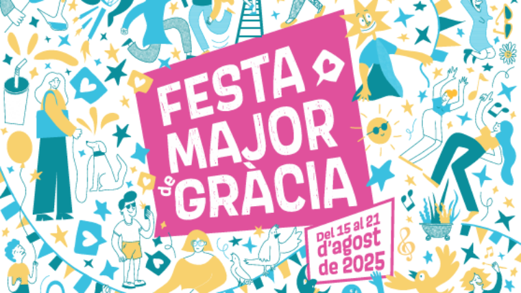 El cartell està fet a partir d'un fons en blanc amb dibuixos grocs i blaus de persones, música, animals, i altres objectes relacionats amb la celebració. Enmig, hi ha un quadrat rosa amb el text: "Festa Major de Gràcia", i just a sota a la dreta, un altre quadrat blanc amb la línia exterior rosa amb el text: "Del 15 al 21 d'agost de 2025".