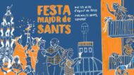 Cartell il·lustrat amb fons blau marí i detalls en blanc i taronja de la Festa Major de Sants 2025. Hi apareixen dibuixos alegres de persones celebrant: castellers fent una torre, gent ballant, brindant amb copes, una persona saludant des d’un balcó, etc. El text principal diu: "FESTA MAJOR de SANTS. Del 23 al 31 d'agost de 2025. PER MOLTS SANTS, SEMPRE".