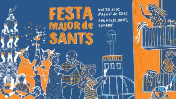 Cartel ilustrado con fondo azul marino y detalles en blanco y naranja de la Fiesta Mayor de Sants 2025. Aparecen dibujos alegres de personas celebrando: castellers haciendo una torre, gente bailando, brindando con copas, una persona saludando desde un balcón, etc. El texto principal dice: 