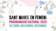 Il·lustracions de rostres femenins i llibres envolten el text: "Sant Martí en femení, programació cultural 2025, octubre-novembre-desembre".