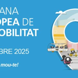 Cartell de la setmana Europea de la Mobilitat. UN fons blau clar i davant una il·lustració de diversos elements representatius de la mobilitat sostenible. El text indica informació que e spot consultar dins la notícia.