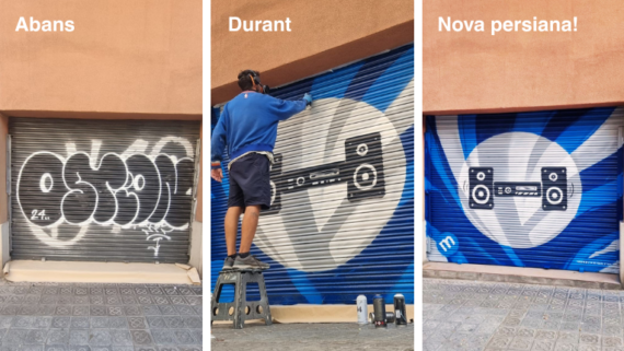 El abans, el durant i el després de la primera persiana que s'ha embellit amb el projecte de l'Eix Maragall.