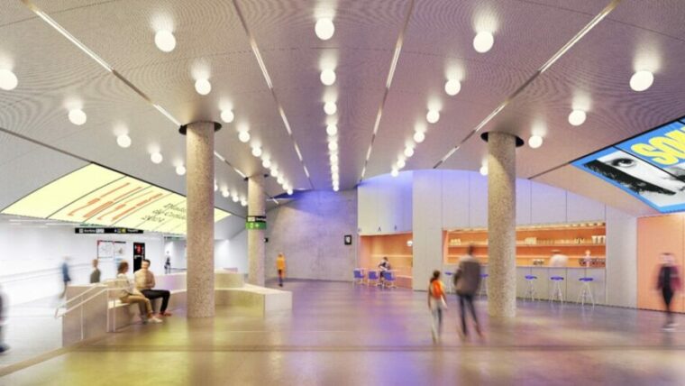 Imatge virtual de la nova parada de metro de Glòries, al DHUB
