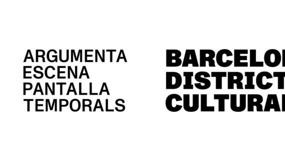 Cartel con letras negras sobre fondo blanco donde aparece escrito Barcelona Distrito Cultural