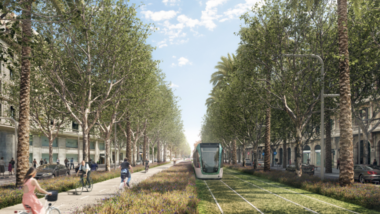 Imatge virtual del tramvia en el seu pas per la Diagonal, entre la plaça del Cinc d&#039;Oros i la Plaça de Francesc Macià