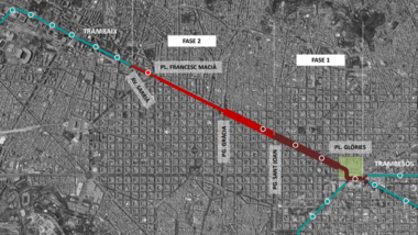 Mapa de la Diagonal amb els trams d&#039;intervenció per unir el Trambaix i el Trambesòs