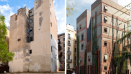 Abans i després de la mitgera convertida en façana de Ciutat Vella, a la placeta de Martina Castells.