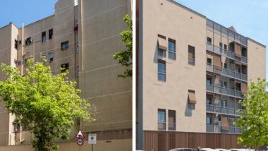 Abans i després de la mitgera convertida en façana de les Corts, a Lluçà.