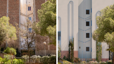 Abans i després de la mitgera convertida en façana de Sarrià-Sant Gervasi, als jardins de Marià Manent.