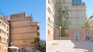 Abans i després de la mitgera convertida en façana de Nou Barris, a la placeta de Charlot.