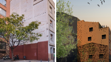 Abans i després de la mitgera convertida en façana de Sant Andreu, a la placeta de Grau.