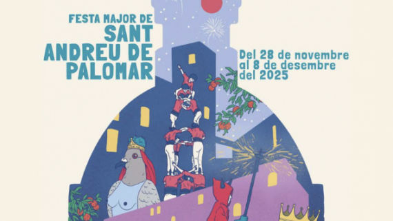 Sobre fondo claro, un collage de ilustraciones de fiestas tradicionales catalanas, como correfocs y castellers, gigantes