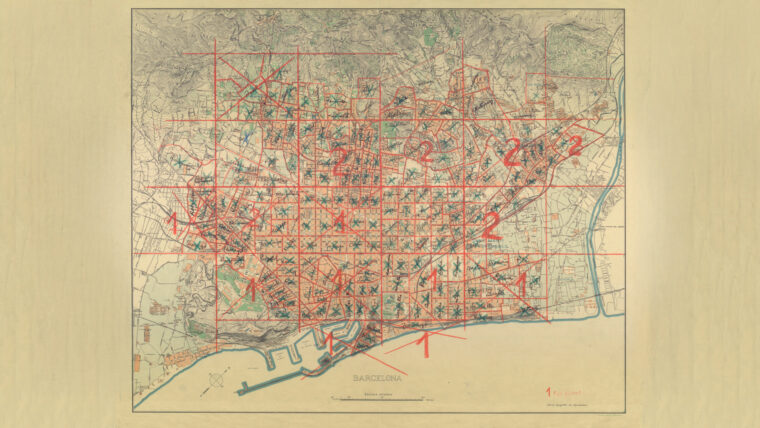Plànol general de Barcelona dividit per persones responsables (soterranis) [ M : 16318 ]