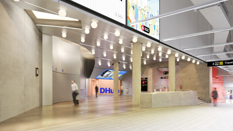 Render del futur nou vestíbul delmetro de Glòries que estarà connectat amb el DHUB.