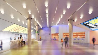 Render del futur nou vestíbul delmetro de Glòries que estarà connectat amb el DHUB.